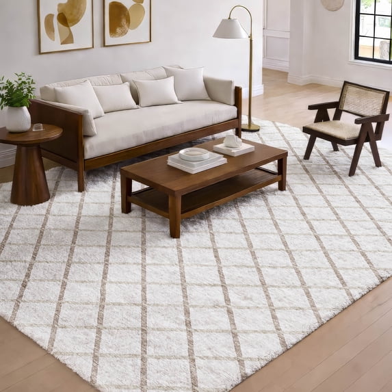 Addison Rugs Dream Shag Premium Machine Washable Transitional Lattice Ivory Rectangle Rug, 5' x 7'6"