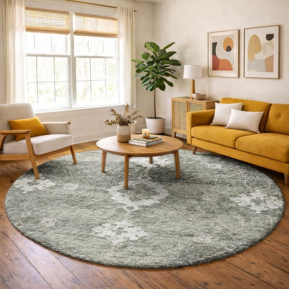 Addison Rugs Dream Shag Premium Machine Washable Transitional Open Field, Ornate Olive Round Rug, 8' x 8'