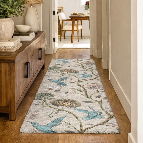 Addison Rugs Dream Shag Premium Machine Washable Transitional Hummingbirds Beige Runner Rug, 2'3" x 7'6"