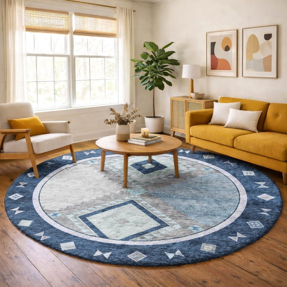 Addison Rugs Dream Shag Premium Machine Washable Transitional Aztec Blue Round Rug, 8' x 8'