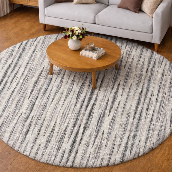Addison Rugs Dream Shag Premium Machine Washable Transitional Textured Stripes Beige Round Rug, 8' x 8'