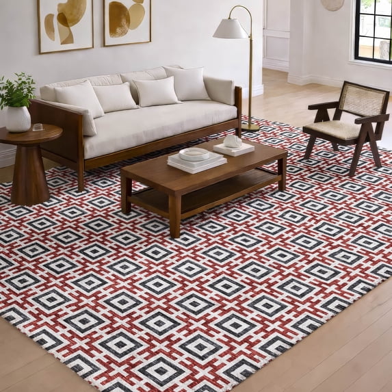 Addison Rugs Dream Shag Premium Machine Washable Transitional Modern Squares Red Rectangle Rug, 10' x 14'
