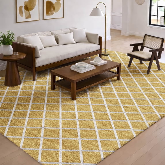 Addison Rugs Dream Shag Premium Machine Washable Transitional Lattice Gold Rectangle Rug, 8' x 10'