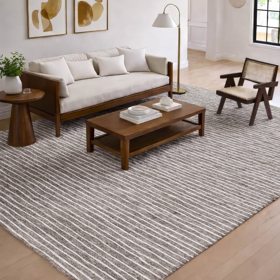 Addison Rugs Dream Shag Premium Machine Washable Transitional Stripes Taupe Rectangle Rug, 8' x 10'