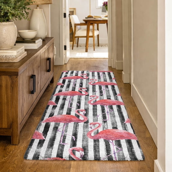 Addison Rugs Dream Shag Premium Machine Washable Transitional Stripes & Flamingos Pink Runner Rug, 2'3" x 7'6"