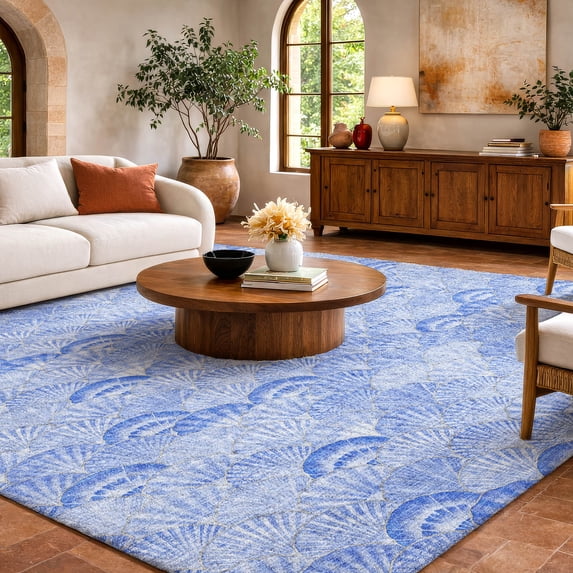 Addison Rugs Dream Shag Premium Machine Washable Transitional Shells Blue Rectangle Rug, 8' x 10'