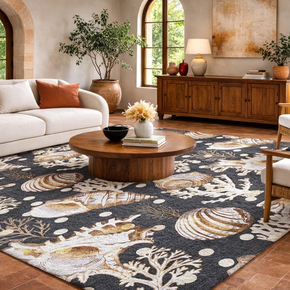 Addison Rugs Dream Shag Premium Machine Washable Transitional Shells Midnight Rectangle Rug, 8' x 10'