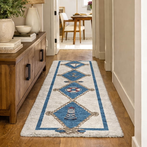 Addison Rugs Dream Shag Premium Machine Washable Transitional Lighthouse Ivory Runner Rug, 2'3" x 7'6"