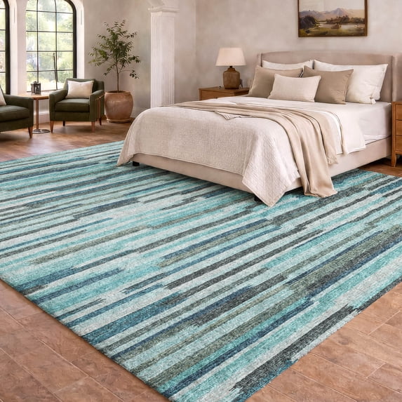 Addison Rugs Dream Shag Premium Machine Washable Transitional Stripes, Bars, Horizontal Lines Turquoise Rectangle Rug, 5' x 7'6"