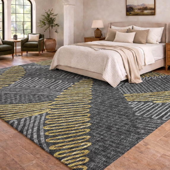 Addison Rugs Dream Shag Premium Machine Washable Transitional Tropical, Leaves, Botanical Gray Rectangle Rug, 3' x 5'