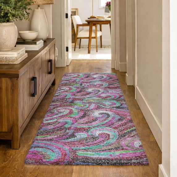 Addison Rugs Dream Shag Premium Machine Washable Transitional Mosaic Waves Raspberry Runner Rug, 2'3" x 7'6"