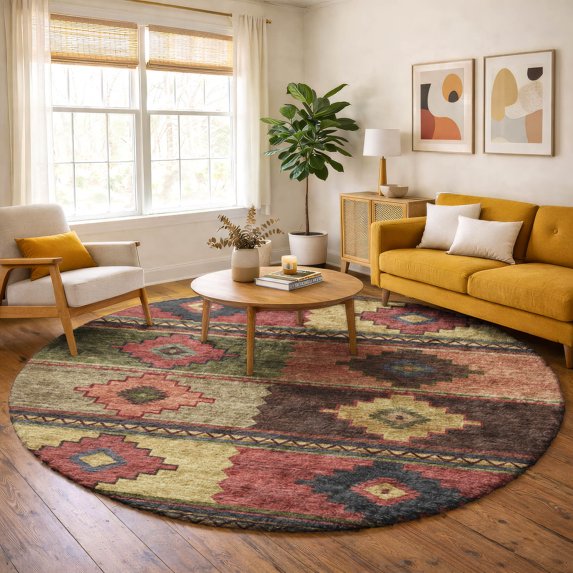 Addison Rugs Dream Shag Premium Machine Washable Transitional Aztec Paprika Round Rug, 8' x 8'