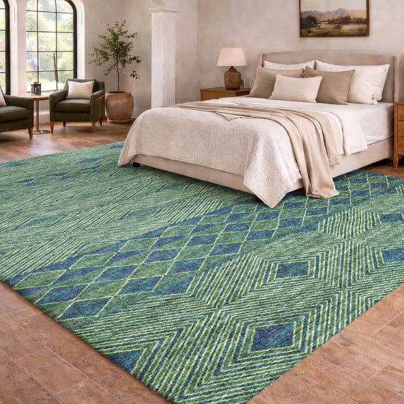 Addison Rugs Dream Shag Premium Machine Washable Transitional Cultural, Diamond Green Rectangle Rug, 9' x 12'