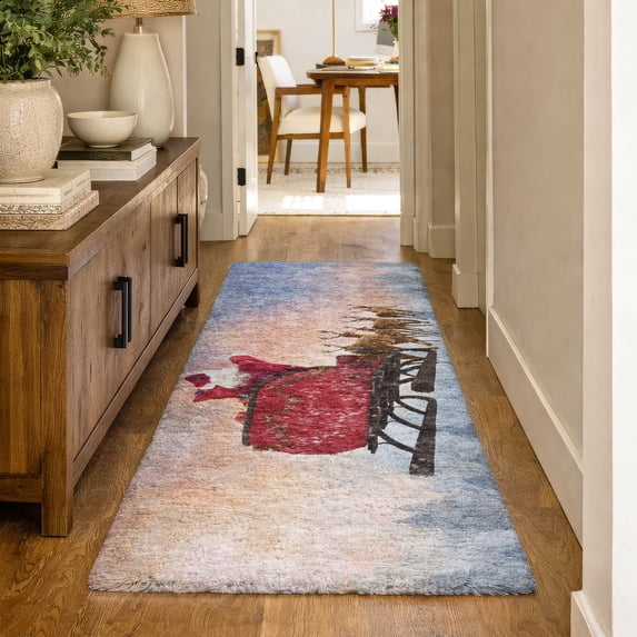 Addison Rugs Dream Shag Premium Machine Washable Transitional Santa Sleigh Blue Runner Rug, 2'3" x 7'6"