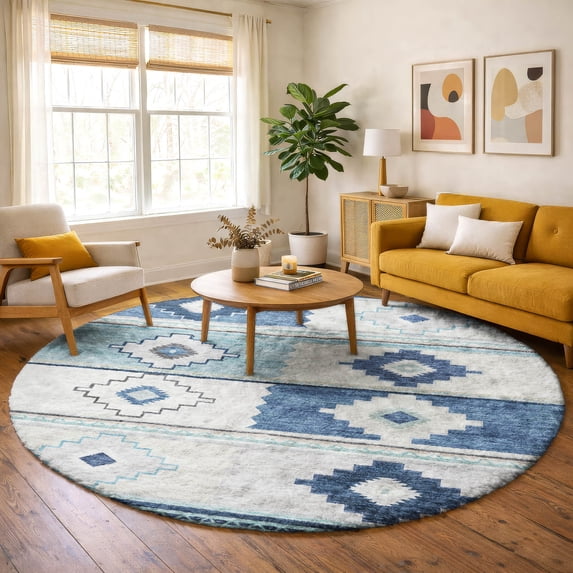 Addison Rugs Dream Shag Premium Machine Washable Transitional Aztec Blue Round Rug, 8' x 8'