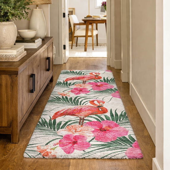 Addison Rugs Dream Shag Premium Machine Washable Transitional Leaves & Flamingos Pink Runner Rug, 2'3" x 7'6"