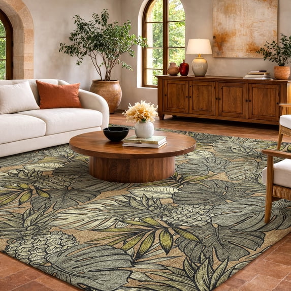 Addison Rugs Dream Shag Premium Machine Washable Transitional Leaves & Pineapples Baja Rectangle Rug, 9' x 12'