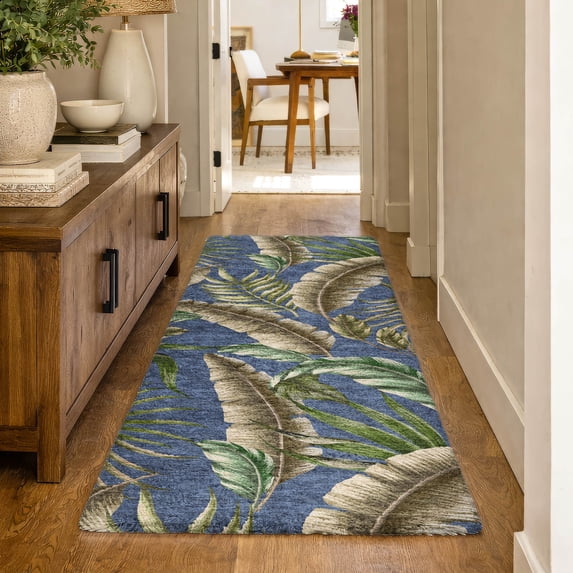 Addison Rugs Dream Shag Premium Machine Washable Transitional Leaves Blue Runner Rug, 2'3" x 7'6"