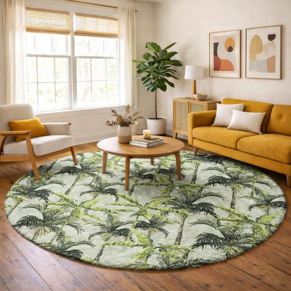 Addison Rugs Dream Shag Premium Machine Washable Transitional Palm Trees Green Round Rug, 8' x 8'