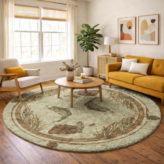 Addison Rugs Dream Shag Premium Machine Washable Transitional Fish Khaki Round Rug, 8' x 8'