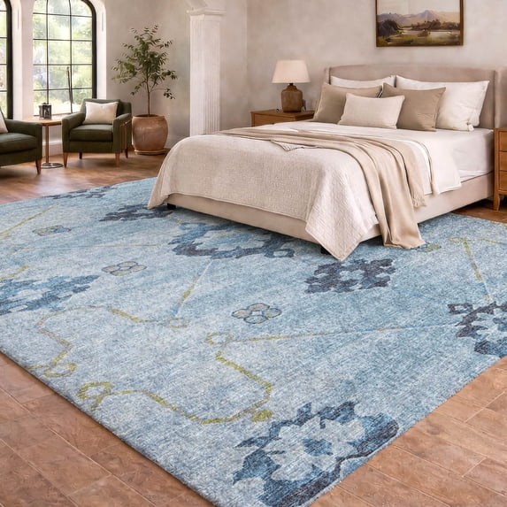 Addison Rugs Dream Shag Premium Machine Washable Transitional Open Field, Ornate Blue Rectangle Rug, 9' x 12'