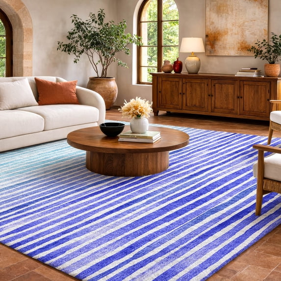 Addison Rugs Dream Shag Premium Machine Washable Transitional Stripes Blue Rectangle Rug, 5' x 7'6"