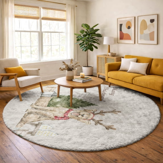 Addison Rugs Dream Shag Premium Machine Washable Transitional Dog & Tree Taupe Round Rug, 8' x 8'