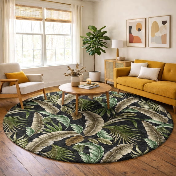 Addison Rugs Dream Shag Premium Machine Washable Transitional Leaves Midnight Round Rug, 8' x 8'