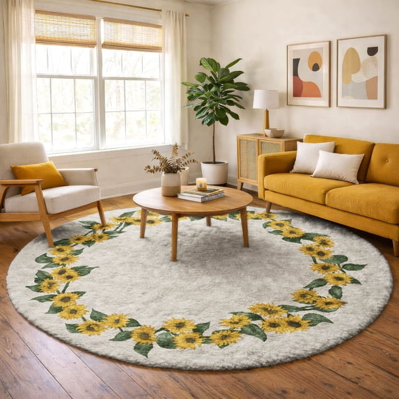 Addison Rugs Dream Shag Premium Machine Washable Transitional Sunflower Border Yellow Round Rug, 8' x 8'