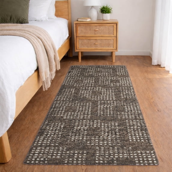 Addison Rugs Dream Shag Premium Machine Washable Transitional Squares Brown Runner Rug, 2'3" x 7'6"