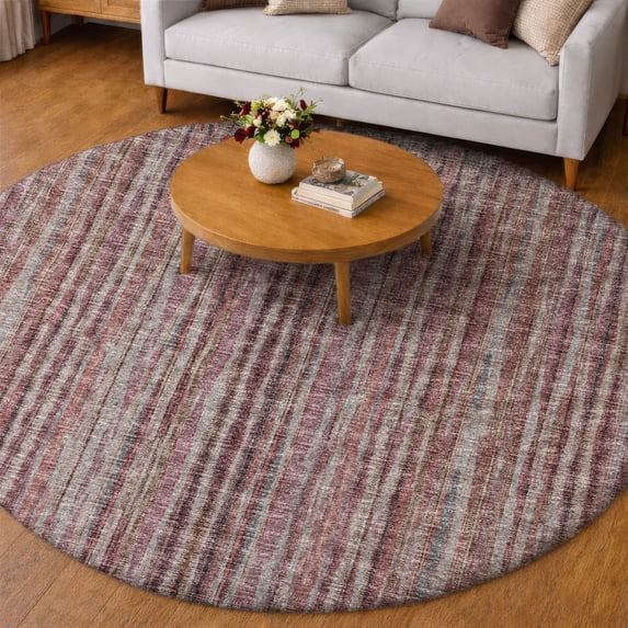 Addison Rugs Dream Shag Premium Machine Washable Transitional Textured Stripes Burgundy Round Rug, 8' x 8'