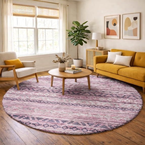Addison Rugs Dream Shag Premium Machine Washable Transitional Tribal, Diamond Pink Round Rug, 8' x 8'