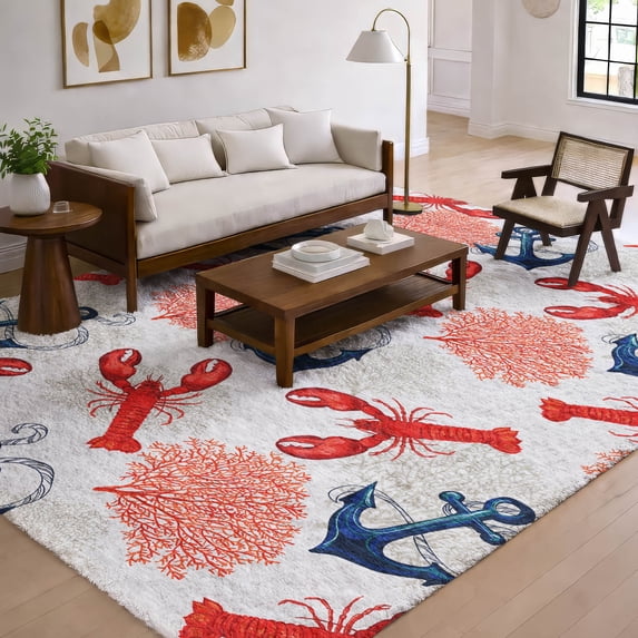 Addison Rugs Dream Shag Premium Machine Washable Transitional Lobster/anchor Ivory Rectangle Rug, 10' x 14'
