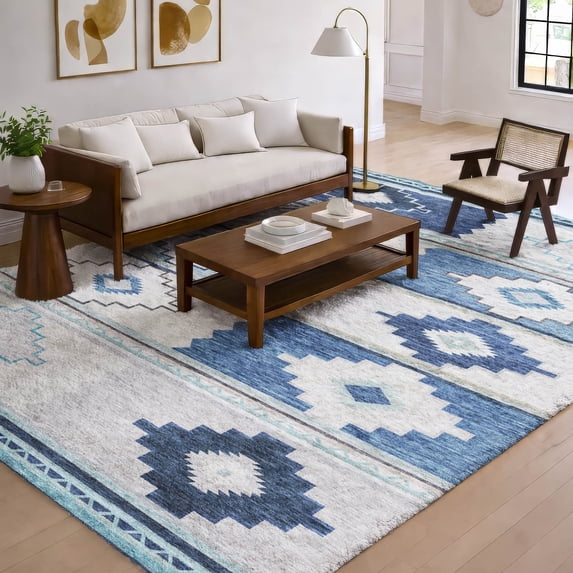 Addison Rugs Dream Shag Premium Machine Washable Transitional Aztec Blue Rectangle Rug, 5' x 7'6"