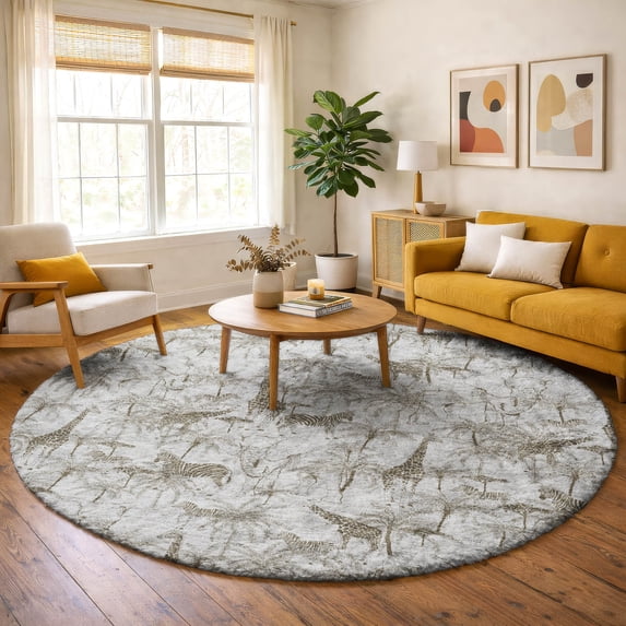 Addison Rugs Dream Shag Premium Machine Washable Transitional Palms & Safari Animals Fog Round Rug, 8' x 8'
