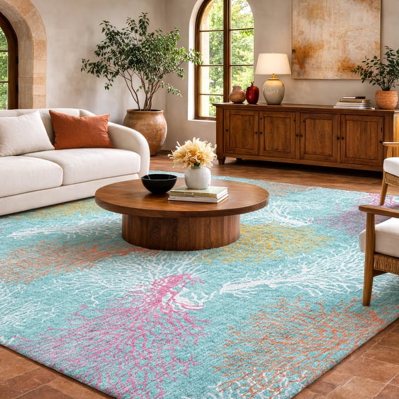 Addison Rugs Dream Shag Premium Machine Washable Transitional Coral Aqua Rectangle Rug, 5' x 7'6"