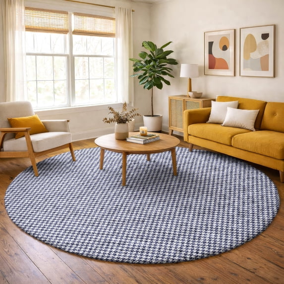 Addison Rugs Dream Shag Premium Machine Washable Transitional Houndstooth Navy Round Rug, 8' x 8'
