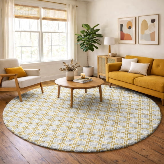 Addison Rugs Dream Shag Premium Machine Washable Transitional Modern Squares Gold Round Rug, 8' x 8'