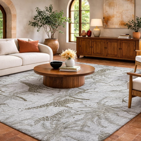 Addison Rugs Dream Shag Premium Machine Washable Transitional Palms & Safari Animals Fog Rectangle Rug, 8' x 10'