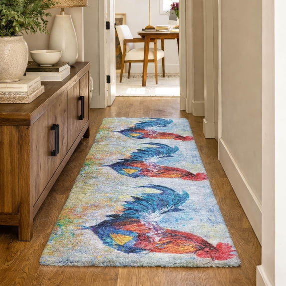 Addison Rugs Dream Shag Premium Machine Washable Transitional Rooster Blue Runner Rug, 2'3" x 7'6"