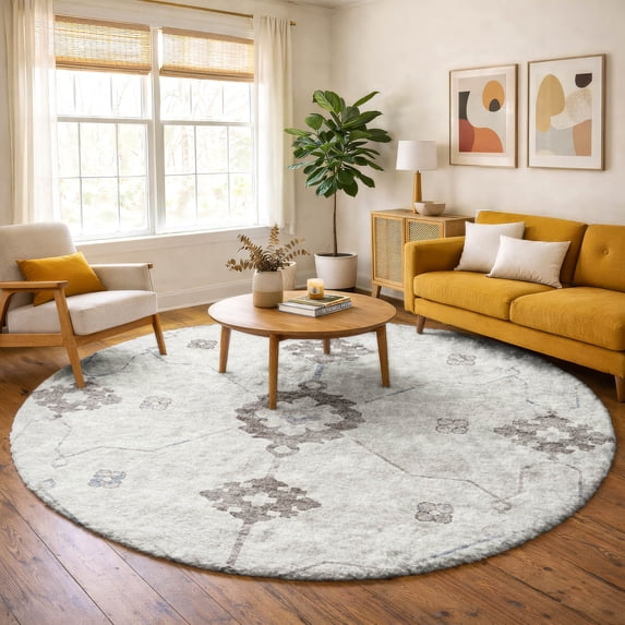 Addison Rugs Dream Shag Premium Machine Washable Transitional Open Field, Ornate Taupe Round Rug, 8' x 8'