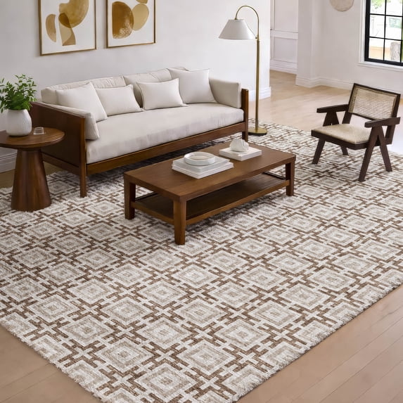 Addison Rugs Dream Shag Premium Machine Washable Transitional Modern Squares Taupe Rectangle Rug, 3' x 5'