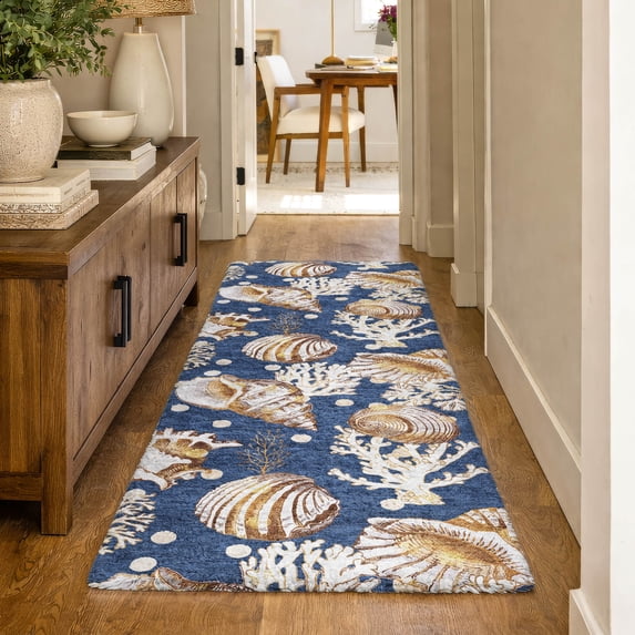Addison Rugs Dream Shag Premium Machine Washable Transitional Shells Blue Runner Rug, 2'3" x 7'6"