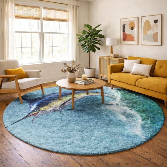 Addison Rugs Dream Shag Premium Machine Washable Transitional Sailfish Bermuda Round Rug, 8' x 8'