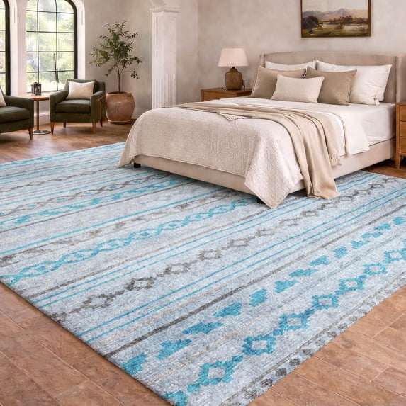 Addison Rugs Dream Shag Premium Machine Washable Transitional Tribal, Diamond Turquoise Rectangle Rug, 9' x 12'