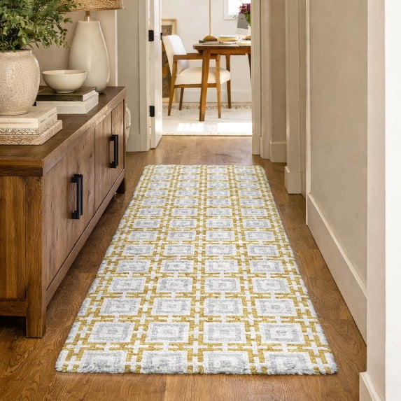 Addison Rugs Dream Shag Premium Machine Washable Transitional Modern Squares Gold Runner Rug, 2'3" x 7'6"