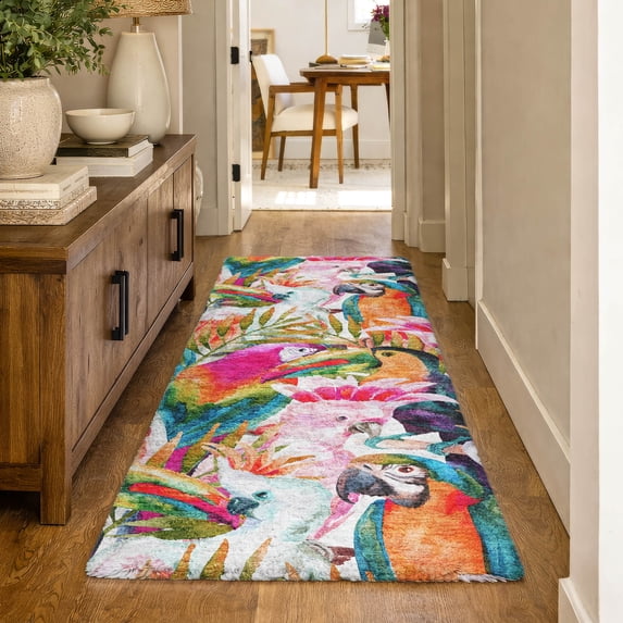 Addison Rugs Dream Shag Premium Machine Washable Transitional Tropical Birds Multi Runner Rug, 2'3" x 7'6"