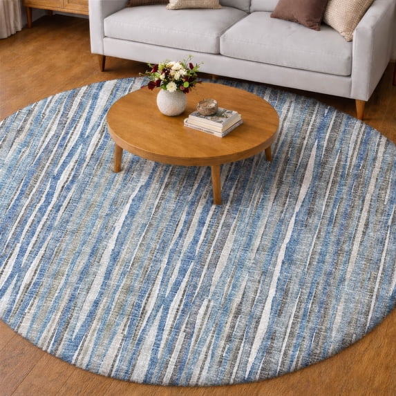 Addison Rugs Dream Shag Premium Machine Washable Transitional Textured Stripes Blue Round Rug, 8' x 8'