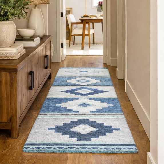 Addison Rugs Dream Shag Premium Machine Washable Transitional Aztec Blue Runner Rug, 2'3" x 7'6"