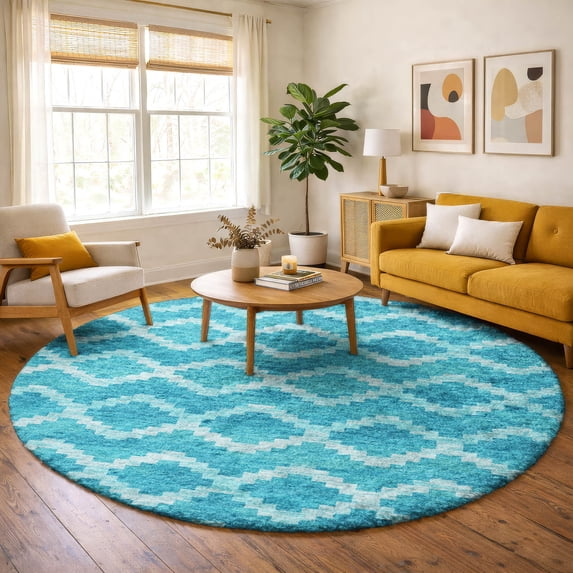 Addison Rugs Dream Shag Premium Machine Washable Transitional Tribal, Diamond Turquoise Round Rug, 8' x 8'
